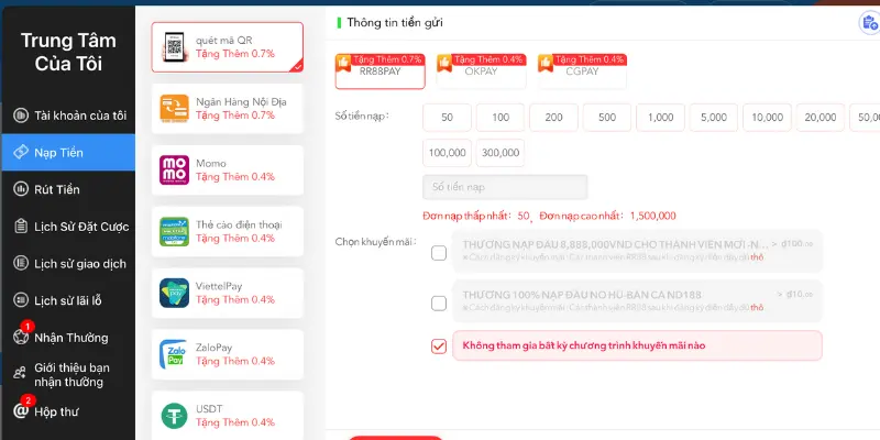 Người chơi dễ dàng nạp tiền RR88 qua đa kênh tiện lợi và nhanh chóng